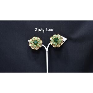 Judy Lee Green Rhinestone Clip Earrings, 1960s Vintage Jewelry